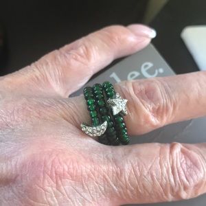 3 Green Glass Bead Stackable Stretch Rings (2 with charms and crystals)